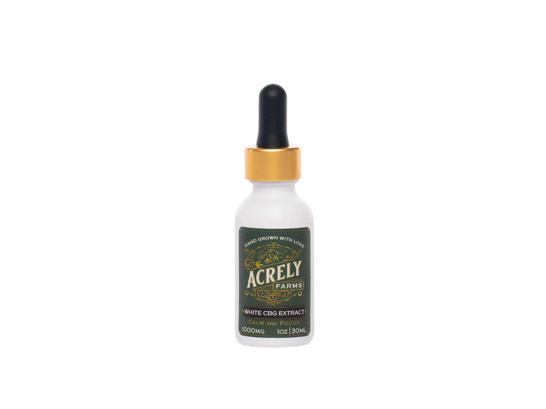 A small white dropper bottle of Acrely Farms White CBD Extract with a gold collar and black dropper top, centered on a plain white background.