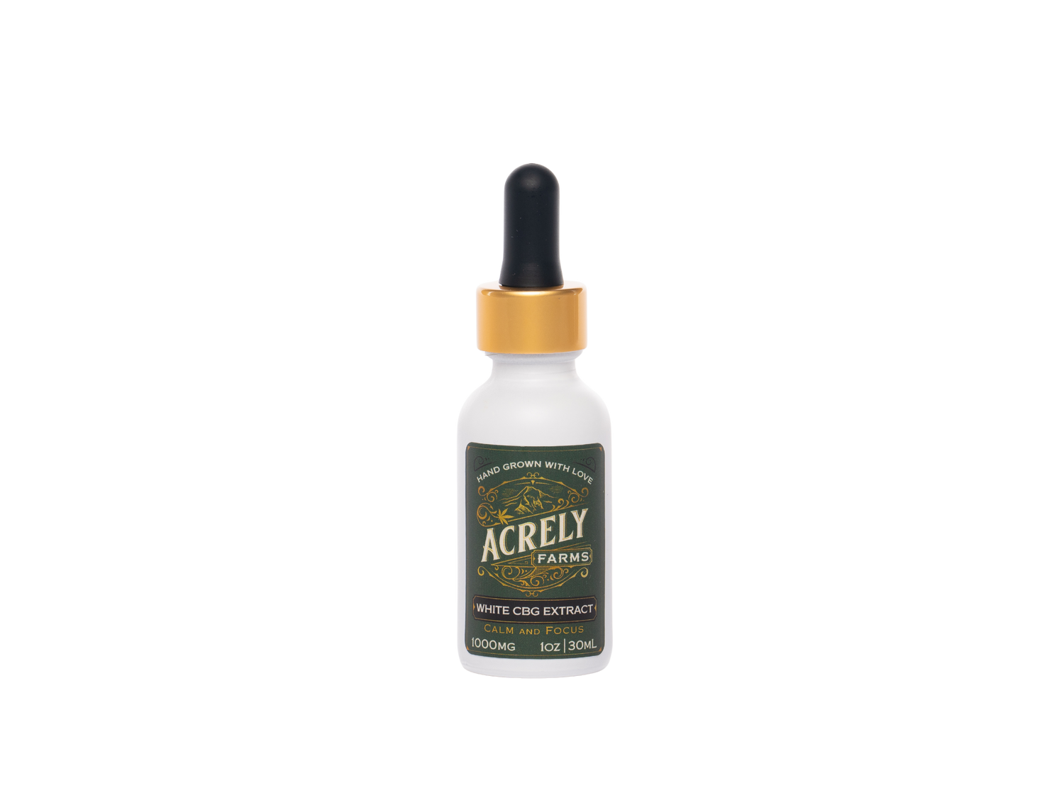 A small white dropper bottle of Acrely Farms White CBD Extract with a gold collar and black dropper top, centered on a plain white background.