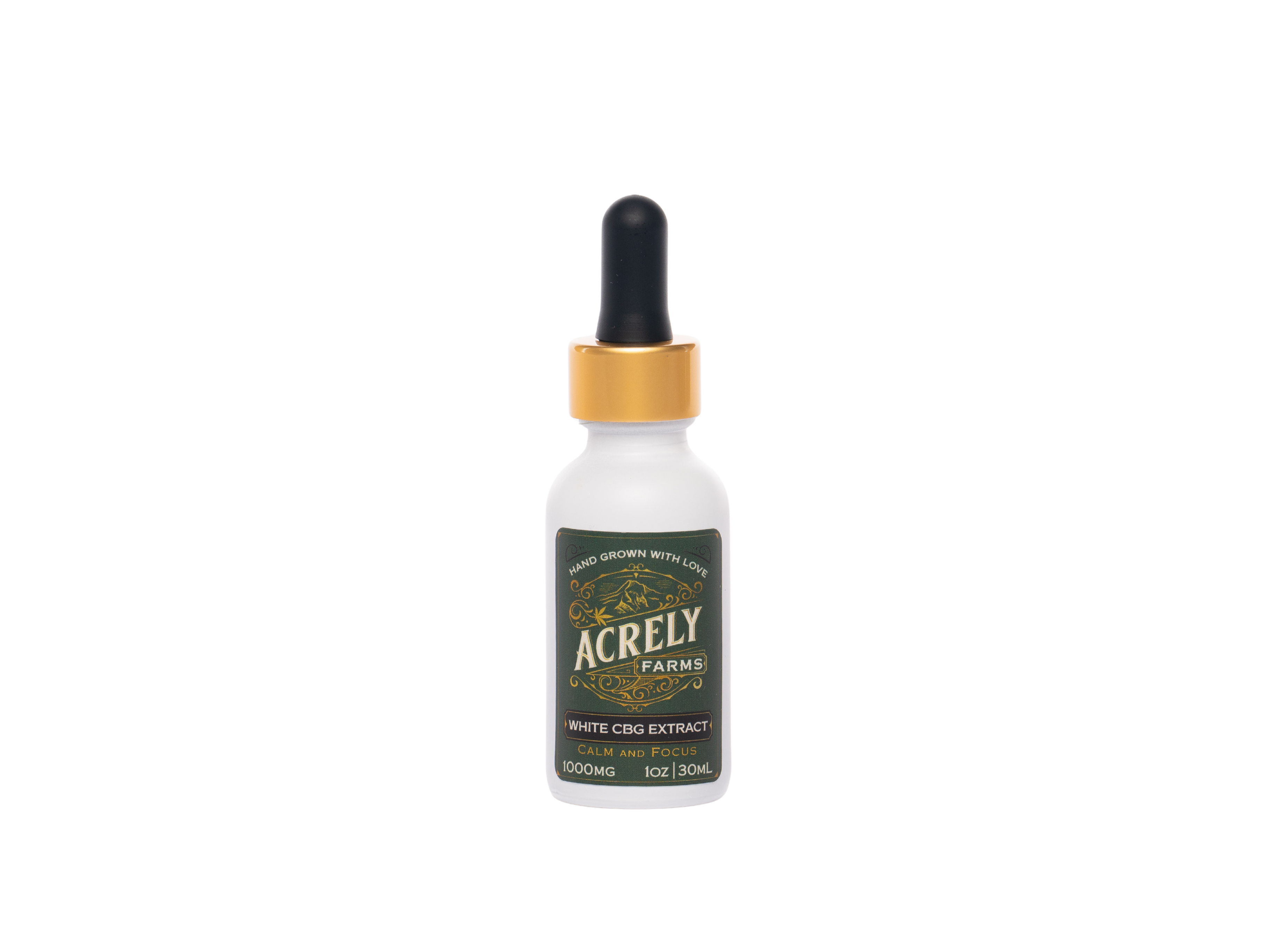 A small white dropper bottle of Acrely Farms White CBD Extract with a gold collar and black dropper top, centered on a plain white background.