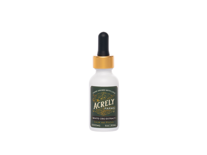 A small white dropper bottle of Acrely Farms White CBD Extract with a gold collar and black dropper top, centered on a plain white background.