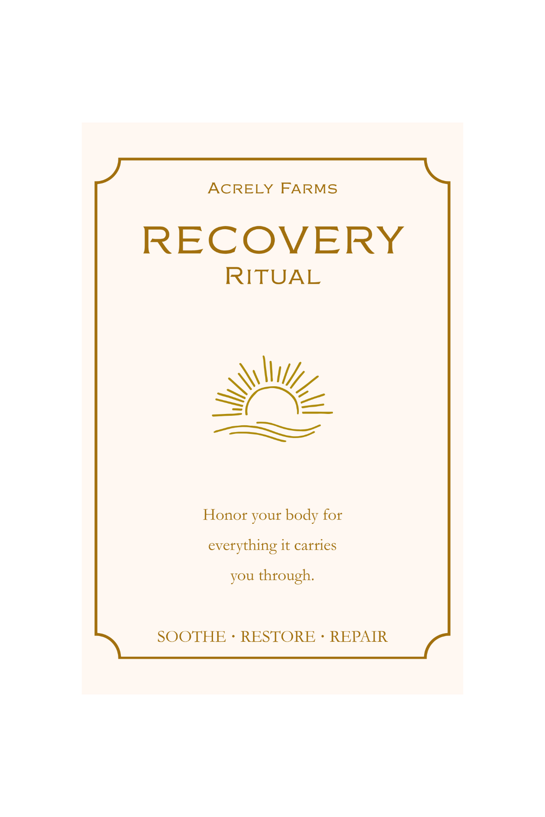 A square cream-colored card or packaging design with gold border lines and gold text reading &