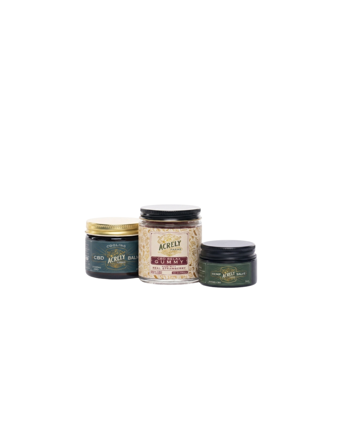 Three jars of Acxióy hair products arranged together on a plain white background, including a dark green jar with a gold lid, a clear jar filled with beige strands, and a dark green jar with a black lid.